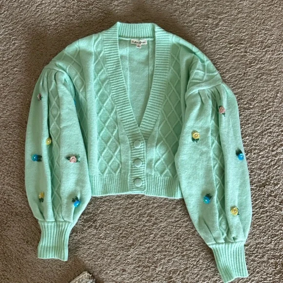 For Love and Lemons Mint Green Beaded Floral Sutton Cardigan Sweater Small - Picture 2 of 6